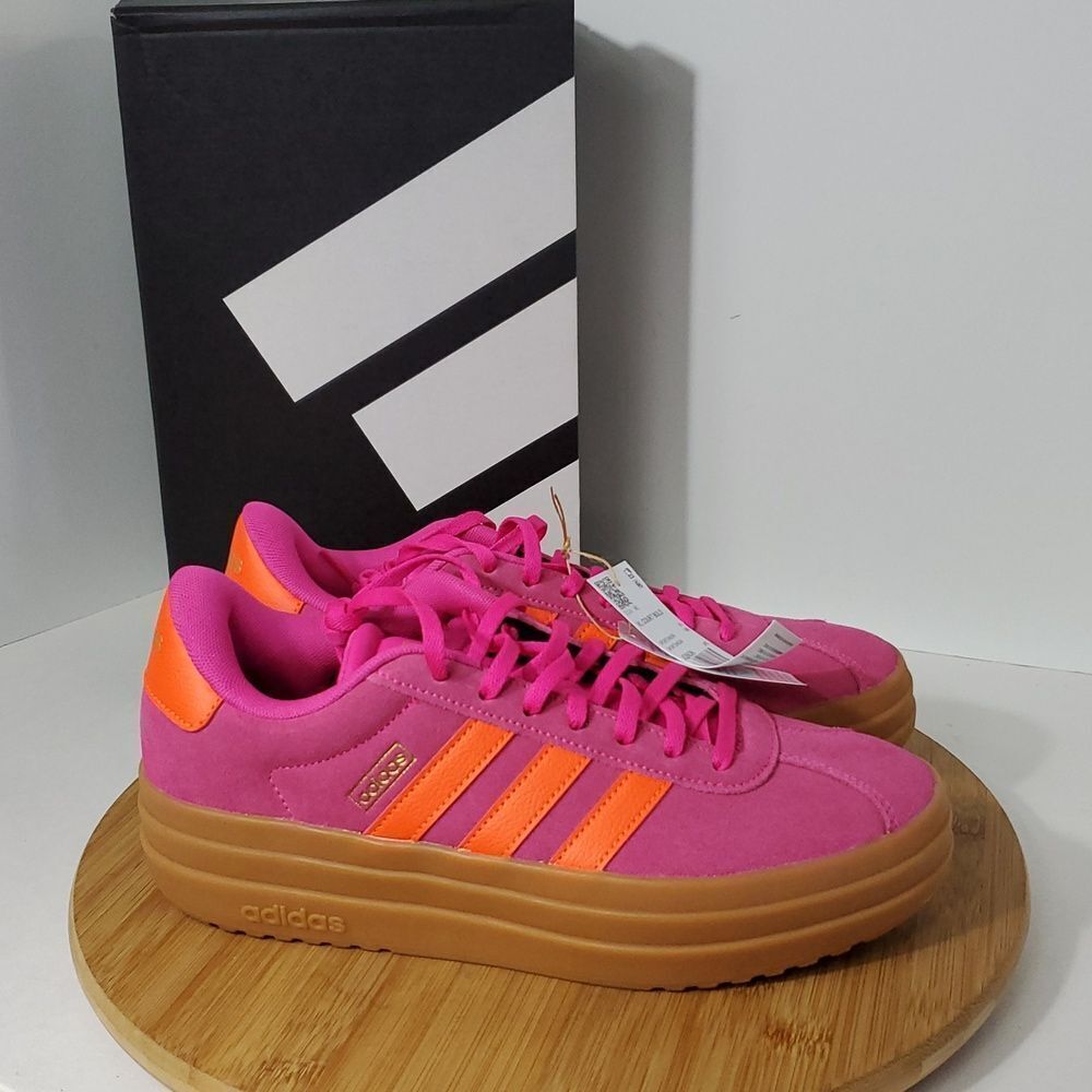 Adidas VL Court Bold Pink Orange Stripes Suede Skateboarding Sneakers W 6 NWT